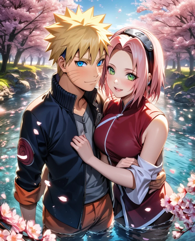 Ultra detailed, Highres, absurdres, HDR, Haruno Sakura, pink hair, green eyes, Uzumaki Naruto, blonde hair, blue eyes, Naruto Shippuden, 1 woman with 1 man together as a couple, petals, cherry blossoms, water, handsome