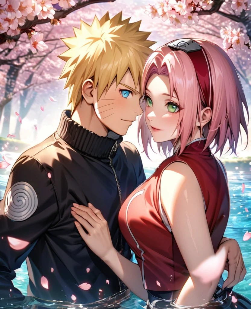 Ultra detailed, Highres, absurdres, HDR, Haruno Sakura, pink hair, green eyes, Uzumaki Naruto, blonde hair, blue eyes, Naruto Shippuden, 1 woman with 1 man together as a couple, petals, cherry blossoms, water, handsome