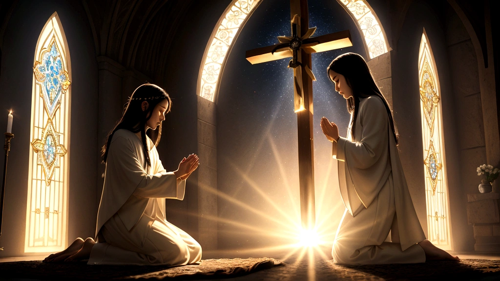 "Description: Illustrate a heartfelt scene depicting an individual kneeling in prayer, surrounded by uplifting religious symbols like a Bible, cross, and glowing light. Show rays of light descending from above, symbolizing the presence of Jesus Christ and the concept of personal salvation through faith.
Details: Use warm, vibrant colors and soft lighting to convey a sense of spiritual awakening and divine connection. Include subtle details such as hands clasped in prayer and a serene facial expression to emphasize the personal relationship aspect central to Evangelical teachings on the afterlife. This visual should evoke themes of redemption and the urgency of accepting Jesus Christ as Savior."
