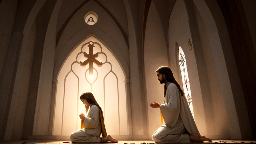 "Description: Illustrate a heartfelt scene depicting an individual kneeling in prayer, surrounded by uplifting religious symbols like a Bible, cross, and glowing light. Show rays of light descending from above, symbolizing the presence of Jesus Christ and the concept of personal salvation through faith.

Details: Use warm, vibrant colors and soft lighting to convey a sense of spiritual awakening and divine connection. Include subtle details such as hands clasped in prayer and a serene facial expression to emphasize the personal relationship aspect central to Evangelical teachings on the afterlife. This visual should evoke themes of redemption and the urgency of accepting Jesus Christ as Savior."