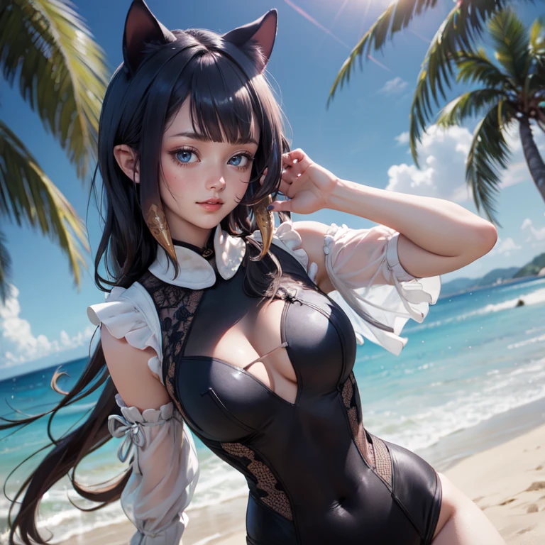 Ninomae Ina'nis, VTuber, 1 girl, ornament hair, swim suit, gloves, wave hair, medium hair, beach scene, sea on focus, white swim suit, more details on her clothes, sea, night, smiling, ornament hair, long hair, palm trees, Looking at the viewer, flowing hair, Beautiful Eyes, Plump and glossy lips, white swim suit with too many frills, beach, beach scenery, sparkle, solo, centered girl, cowboy shot, perfectly body, perfectly hands, two arms, two legs, two hands, five fingers, perfect anatomy, glowing hair, cat ears, beach scene, upper body portrait