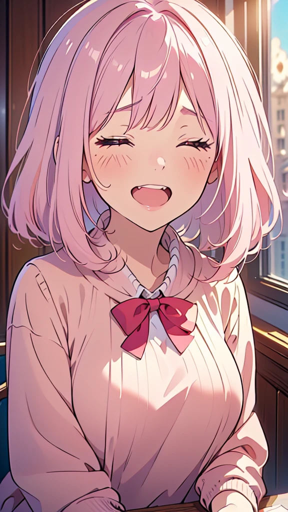8k,(High quality:1.4),(best quality:1.4),(masterpiece:1.4),(huge breasts:1),(beautiful face:1.3),(beautiful woman:1.3),(pale pink hair:1.4),medium hair,a mole around the mouth,(enjoy:1.6),(closed eyes:1),(laugh:1.2),(burst into laughter:1.4), (squinting:1.2)(school uniform:1.1),(beige sweater:1.2),(close-up:1.2),a red bow tie,(leaning forward:1.2)