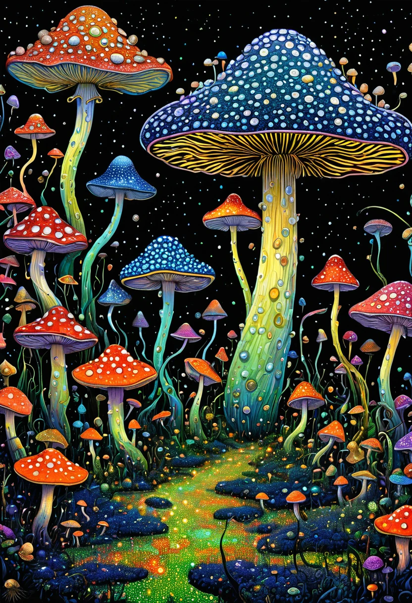 James R. Eads ， Georges Seurat- Style， masterpiece, Beautiful psychedelic entropy PsyAI,Poisonous mushrooms，Spore powder，Eyes Everywhere，Psychedelic Art，Pointillism method，Trypophobia，unrealistic，Strong visual impact，black background