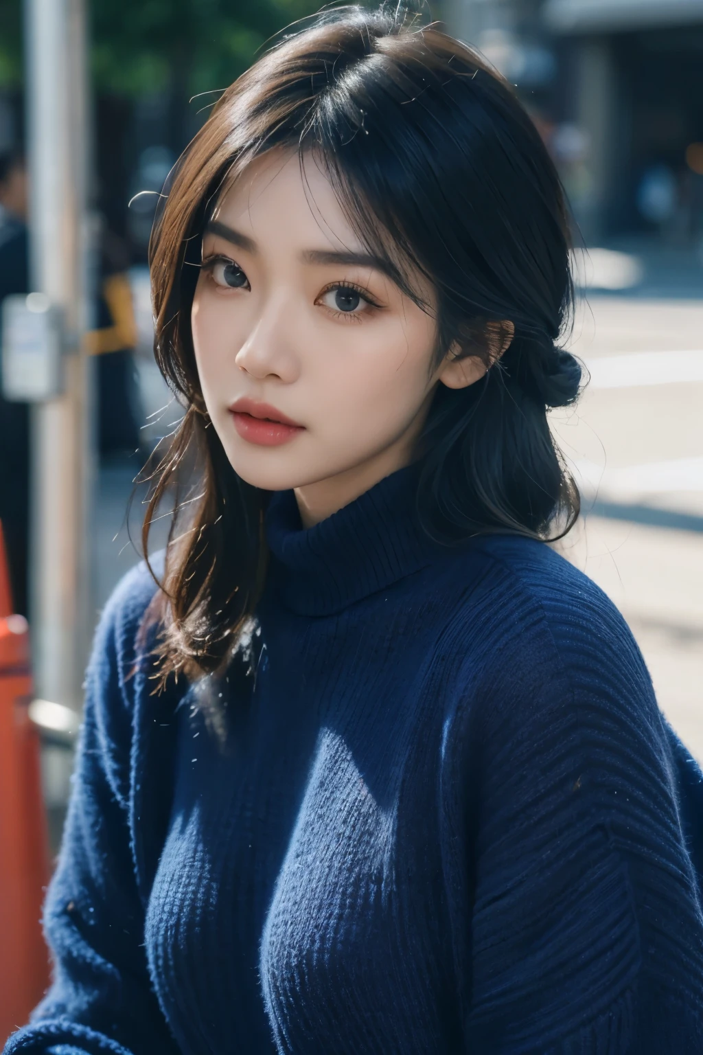 detailed portrait of an Indonesian woman, 1girl, beautiful detailed eyes, beautiful detailed lips, extremely detailed face, long eyelashes, french twist hairstyle, dark blue sweater, candid street photography, natural lighting, cinematic, high quality, 8k, photorealistic, masterpiece, hyper detailed, intricate details, sharp focus, vivid colors