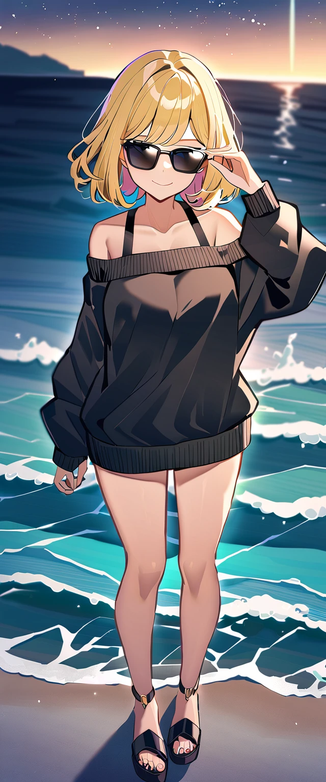 ((sea, beach)), bare legs, ((starly sky)), (((sunglasses, hand to sunglasses))), (((cowboy shot))), ((wavy hair, inward curled hair)), ((night)), ((blond hair, bob cut:1.3)), breasts, teenager, (looking at viewer), oversized clothes, puffy long sleeves, ((off-shoulder sweater:1.3, Quite thick shoulder straps)), ((black sweater)), collarbone, head tilt:1.3, (((blue eyes))), ((happy smile)), (((anime style))), (best quality, 4K, 8K, highres, masterpiece:1.2, ultra-detailed, ultra-detailed eyes, HDR, uhd, studio lighting, ultra-fine painting, sharp focus, physically-based rendering, extreme detail description, professional, vivid colors, bokeh)