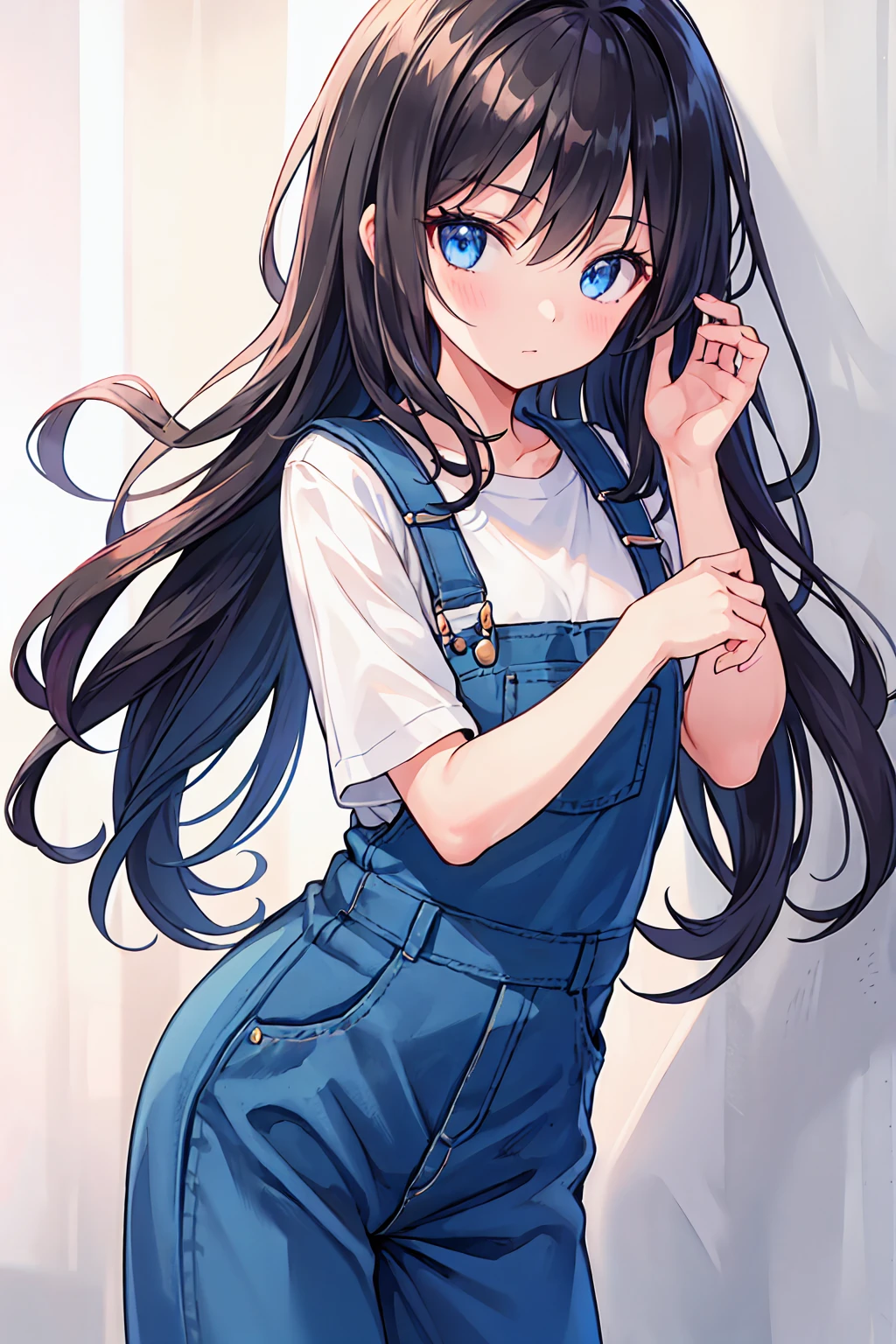 A girl with long black hair wearing overalls