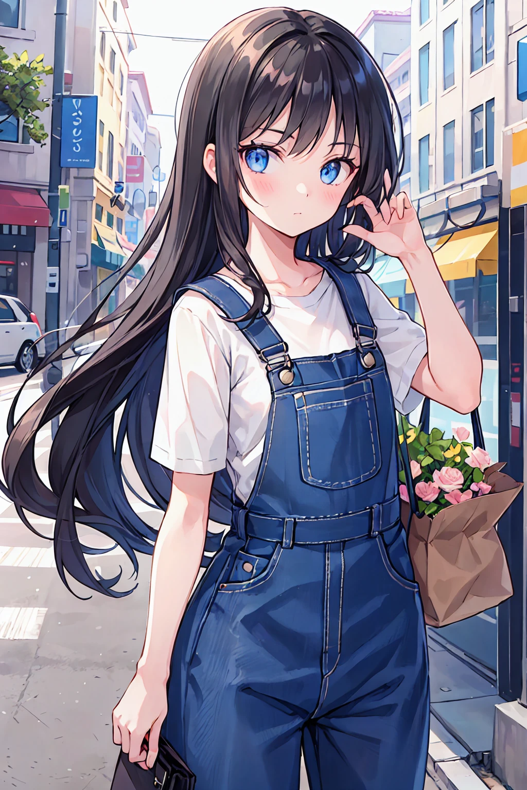 A girl with long black hair wearing overalls