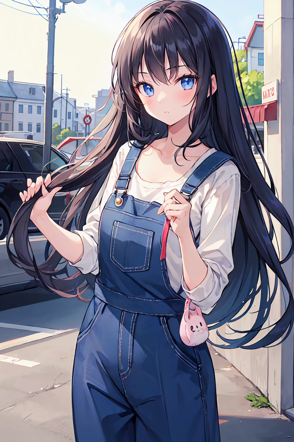A girl with long black hair wearing overalls