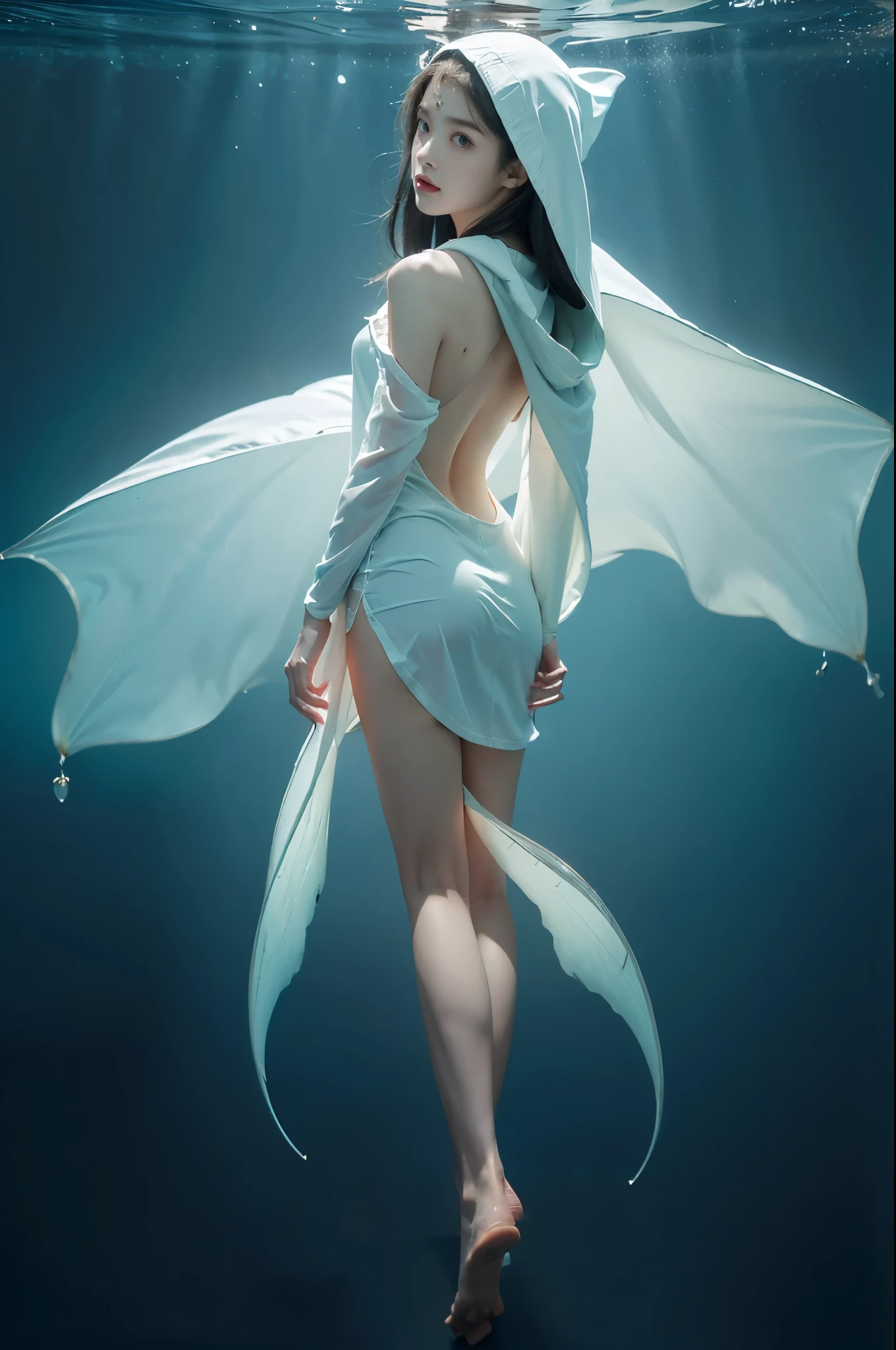 (((best quality))),(((ultra detailed))),(((masterpiece))),illustration,(1 beautiful girl,shark girl,solo),((slim,thin,small breasts,flat chest)),aquarium,summer night,(sleek sharkhead-hooded shirt-dress:1.3),shimmering hues,enchanting aura,(shoulder length straight bob hair:1.2),ocean-blue locks,shiny seaweed,porcelain skin,neon lights,emerald eyes,sharp gaze,delicate shark fin,translucent membrane,dancing fish,vibrant colors,undulating water,salty scent,distant waves,coral reef,gentle shadows,serene ambiance,electric atmosphere,Alezandra,oceanic magic,allure,enchantment,vision,extraordinary presence,((from front,full body,arms behind back,spread legs apart))