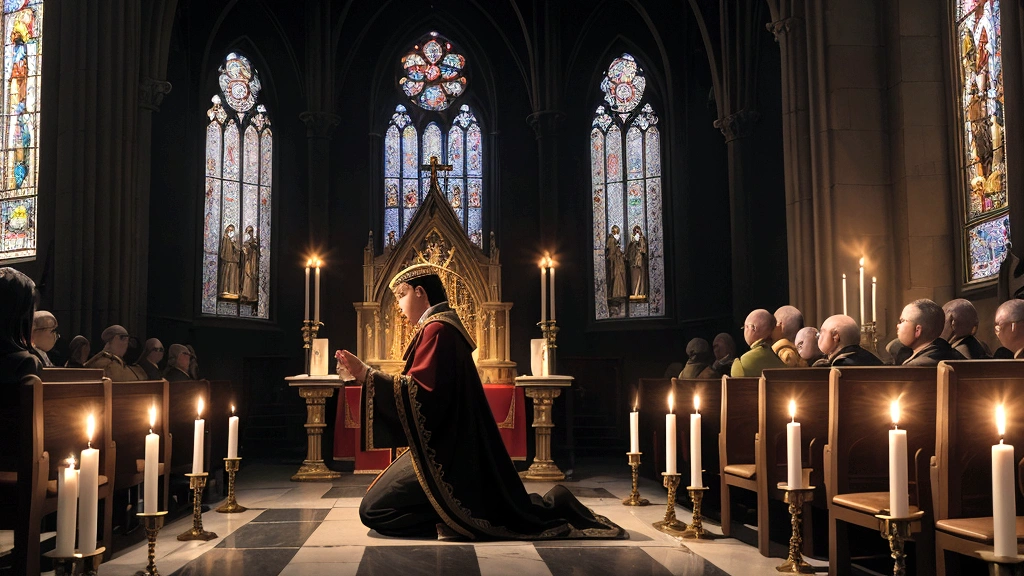"Description: Illustrate a solemn scene within a cathedral or church, depicting worshippers engaged in sacramental rituals like the Eucharist or confession. Show a priest administering the sacraments while believers kneel in prayer or reflection, surrounded by ornate religious artifacts and icons.

Details: Use rich, deep colors and soft, ambient lighting to create a reverent atmosphere. Include intricate details of stained glass windows, candlelight, and statues of saints to emphasize the sacramental life and communal practices integral to Catholic beliefs about the afterlife. This visual should evoke a sense of spiritual continuity and the profound connection between earthly rituals and eternal truths."