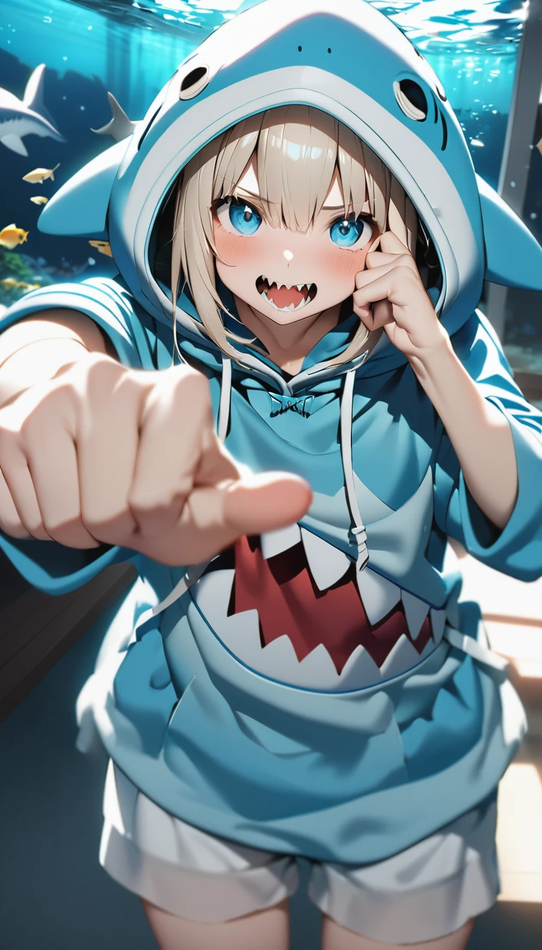 2d, picture-perfect face, flawless, masterpiece, best quality, anime, highly detailed face, highly detailed eyes, highly detailed background, perfect lighting, fullbody shot, 1girl, solo, gawr gura, shark girl, blue hoodie, hood, hood up, animal hood, shark tail, shark print, :d, sharp teeth, standing, bondage, (bar gag mouth, open mouth gag:1.1, ashamed, blushing, bdsm, rope, rope tied, crotch rope