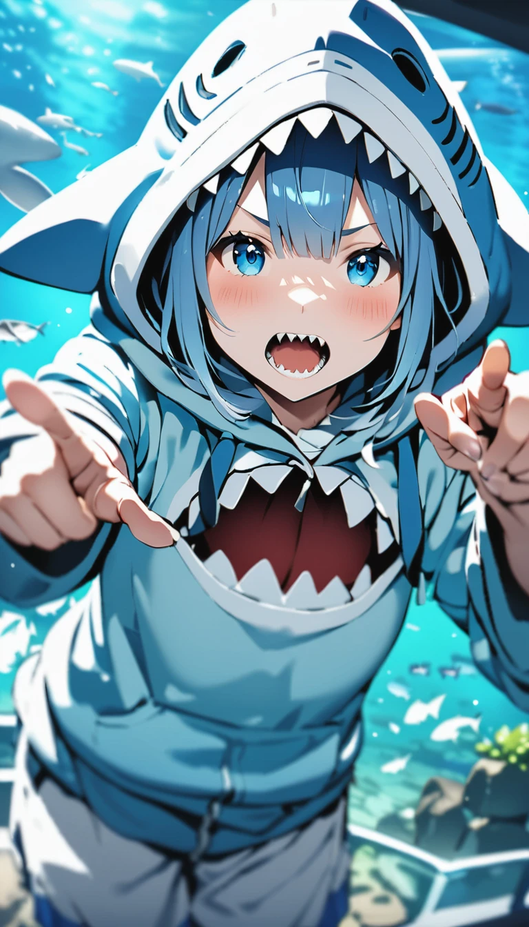 Highest quality、masterpiece:1.3、Perfect Anatomy、One Girl、Shark-chan、かわいいShark-chan、Shark-themed hoodie、Shark teeth on the hood、Wearing a hood、Light Blue Hoodie、Girl with open mouth、Sharp teeth、Shark themed hoodie、Light blue culottes、Correct finger drawing、Gao's Pose、break、aquarium、Large aquarium、美ら海aquarium、Highly detailed whale shark、A whale shark swimming gracefully in the tank、暗いaquarium、Low light、
