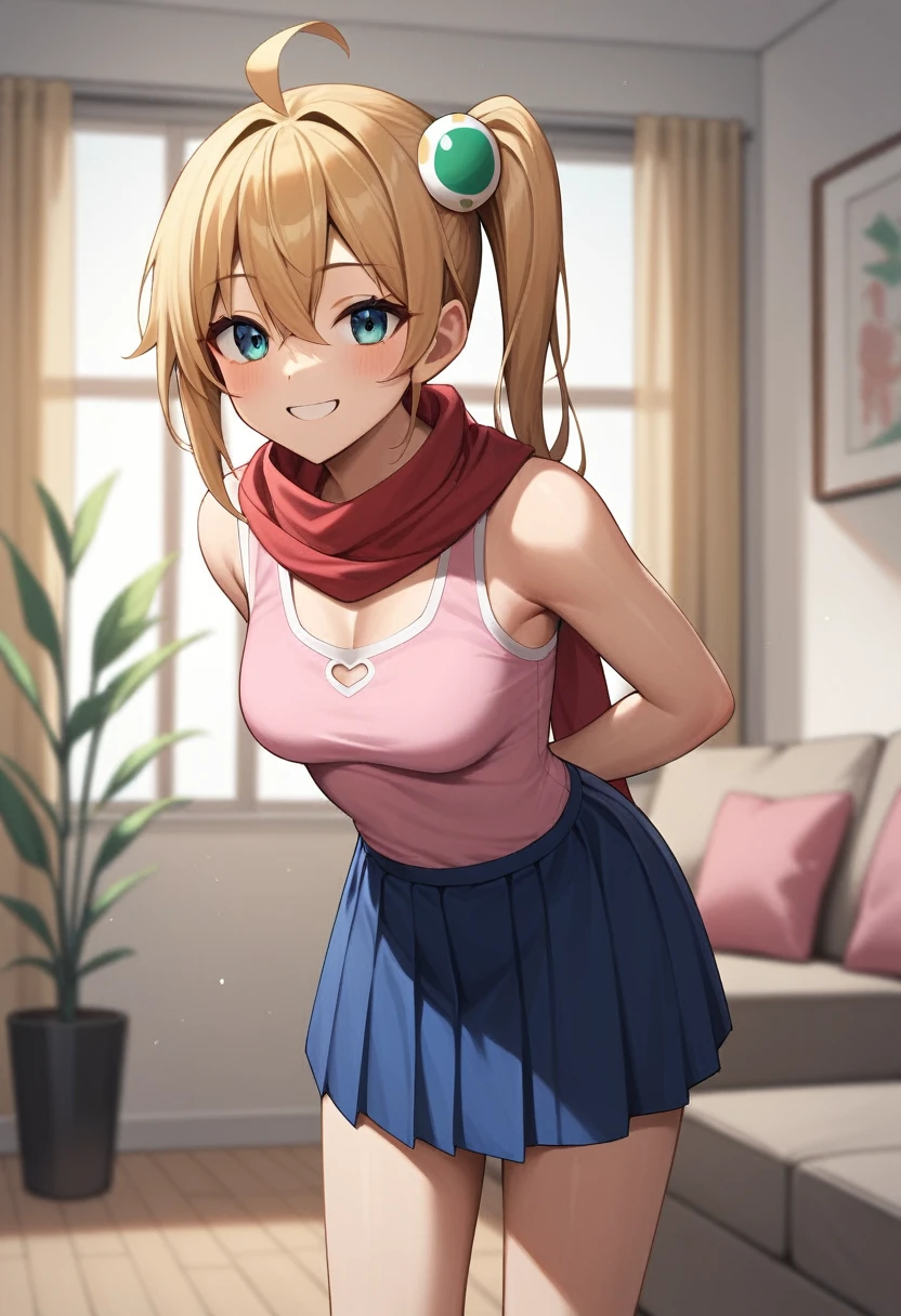 One girl, alone,  View your viewers, araragikaren,Long Hair, Pink sleeveless, blue skirt, skirt, Medium chest, Ahoge, Side Ponytail, Asymmetrical Hair, egg hair ornament, Red scarf, 
internal, living room, Cowboy Shot, smile, (Put your hands behind your back, Leaning forward),Shirt lift(Up to the chest),skirtリフト,
