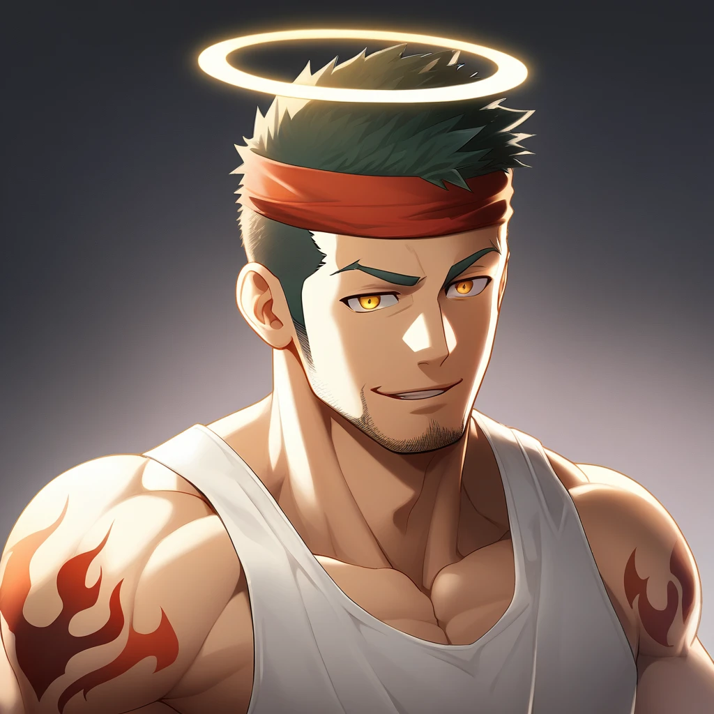anime characters:Gyee, priapus, 1 young muscular man, male focus, Flame tattoo, sports Red headband, Creamy white spandex tight tank top, muscular male, muscular, only, Upper body, alone, Black short hair, Thick eyebrows, stubble, Yellow eyes, White background, simple background, amazing quality, best aesthetics, Ridiculous, bright pupils, crew cut, naughty face, torogao, parted lips, halo, god rays, best quality