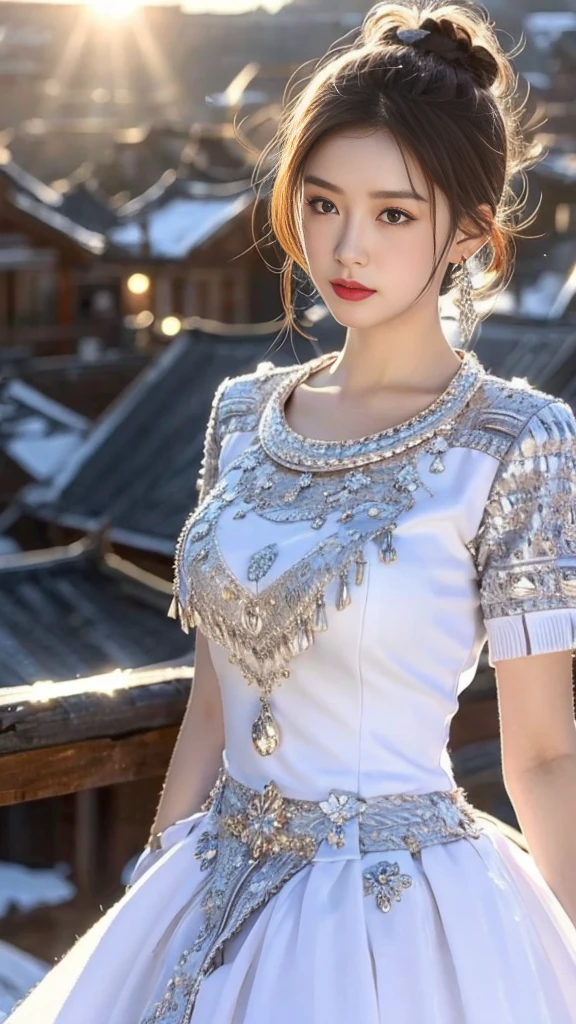 (8K,best quality,masterpiece:1.2),Ultra-high detail,Professional lighting,best quality,Ultra-high resolution,Visually stunning,Character Close-up,A woman with a single bun,Wearing a flowing white dress,Standing in the white snow,Her figure is particularly moving under the sunlight.,Real human skin,(Perfect body 1.3)Super delicate face。