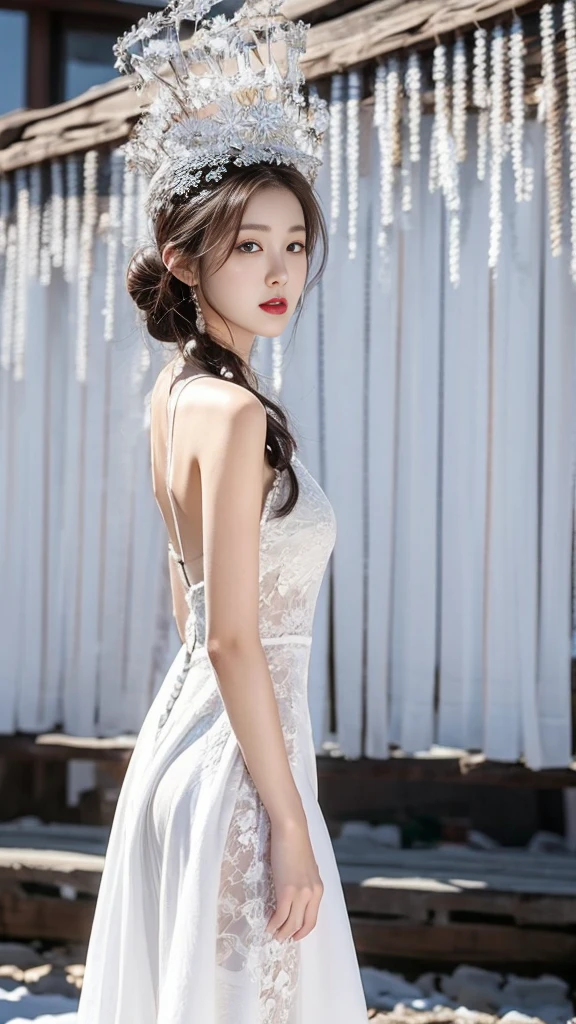 （8K，best quality，masterpiece：1.2），Ultra-high detail，Professional lighting，best quality，Ultra-high resolution，Visually stunning，Character Close-up，A woman with a single bun，Wearing a flowing white dress，Standing in the white snow，Her figure is particularly moving under the sunlight.，Real human skin，（Perfect body 1.3）Super delicate face。