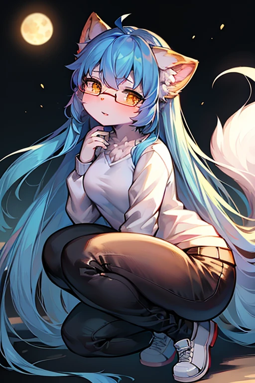 (Best quality,4K,8K,high resolution,masterpiece:1.2),Ultra Detailed,cute的蓝发女孩,fluffy,cute,illustration,number,Vibrant colors,Surreal,Pastel color palette,Soft lighting,hairy,Cat,Cat耳朵,Cat尾巴,Golden Eyes,female,Long Tail,personification,Blue hair,White shirt,Black pants,moon,Glasses,White shoes,fluffy的艺术风格,Simple background,long hair