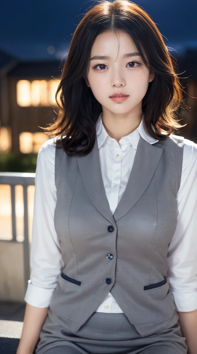 (((whole body,Includes legs)))、(((Office Lady、OL、Office Ladyー、A small smile,sexy、Checked tight vest)))、sexy,formal ,High heels、Dress up、(Photo realistic:1.4)、(Surreal:1.4)、(Realistic:1.3)、 (Gentle lighting: 1.05)、(Improve the lighting quality of your videos:0.9)、32k、 One girl、25-year-old woman、Photorealistic Lighting、Backlight、Facial Light、Ray-tracing、(bright:1.2)、(Improvement of quality:1.4)、 (Highest quality real texture skins)、Beautiful Eyes,Delicate and elegant features、 (Tired, sleepy and satisfied : 0.0), Face close-up,Grey tight vest,tight gray blouse [Button gap :1.2],Very tight shirt ,((([See-through shirt:1.5]))), Grey pencil skirt ,(Improve your body line mood:1.1)、Shiny skin,Wavy Hair、Korean Idol、Nogizaka Idol、Sculptural idol pose、sexy,A small smile,blush,Beautiful actress、A proper woman,whole body, Large Breasts,(Perfect teeth alignment),narrow waist and hips,Beautiful long legs,(Full Shot)、((8 heads)、(((Tempting、Embarrassing)))、Random Dynamic Pause,(eye shadow),(Red cheeks、Red lips),(Very beautiful night view、at night)、blush,A small smile,(((Full Shot)))、(Spread your legs a little),