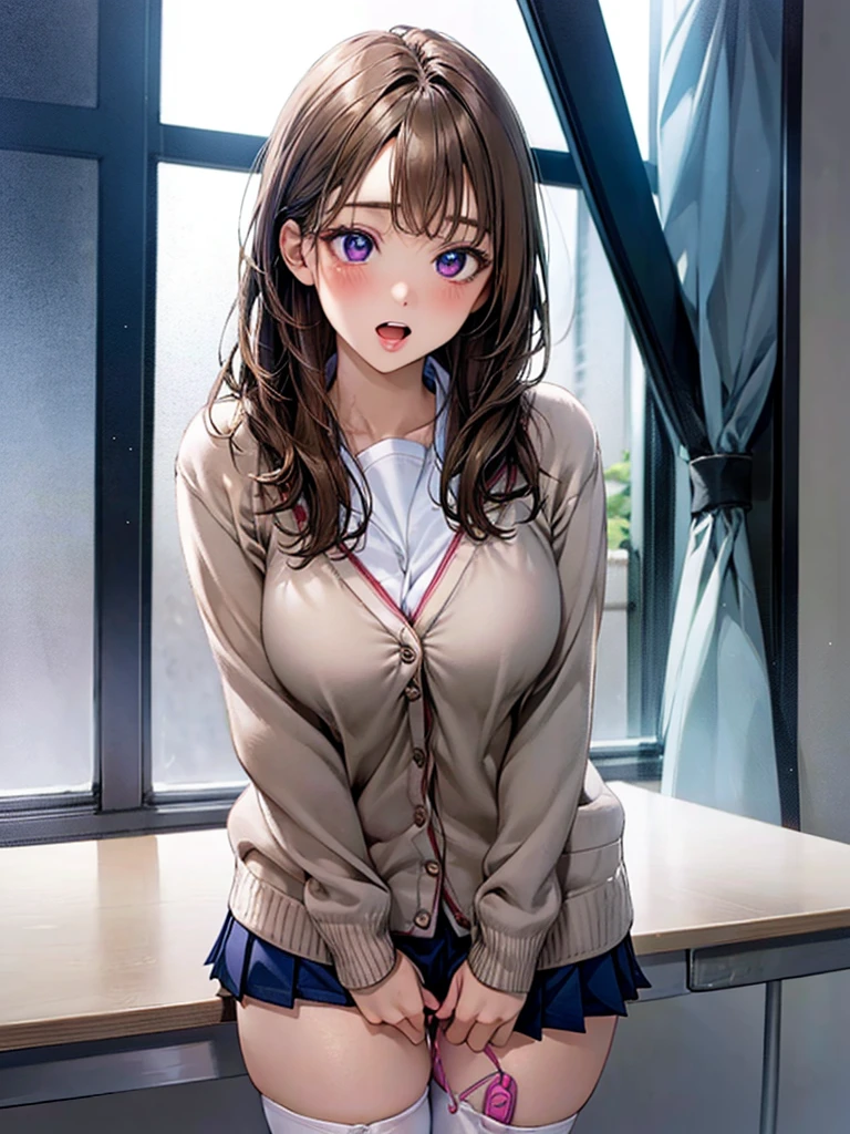 (masterpiece:1.2, Highest quality), (Realistic, photoRealistic:1.4), Beautiful illustrations, (Natural Side Lighting, Cinema Lighting), Browsing Caution,
Looking at the audience, Cowboy Shot, Front view:0.6, 1 Girl, Japanese, high School girl, Perfect Face, Cute symmetrical face, Shiny skin,
(Long Hair:1.8, Straight hair:1.7, blonde), Asymmetrical bangs, Purple eyes, (Big Breasts:1.1, Thick thighs),
Beautiful Hair, Beautiful Face, Fine and beautiful eyes, Beautiful clavicle, Beautiful body, Beautiful breasts, Beautiful thighs, Beautiful legs, Beautiful fingers,
((Light blue collared shirt, Navy pleated mini skirt, socks, To the Navy, Light brown cardigan, White Stockings)), Pink Panties,
(Beautiful views), evening, School, classroom, curtain, Are standing, Leaning forward, Place your hands between your legs, vibrator in thigh high socks, ((Ahegao, Embarrassing, Open your mouth,)), ,