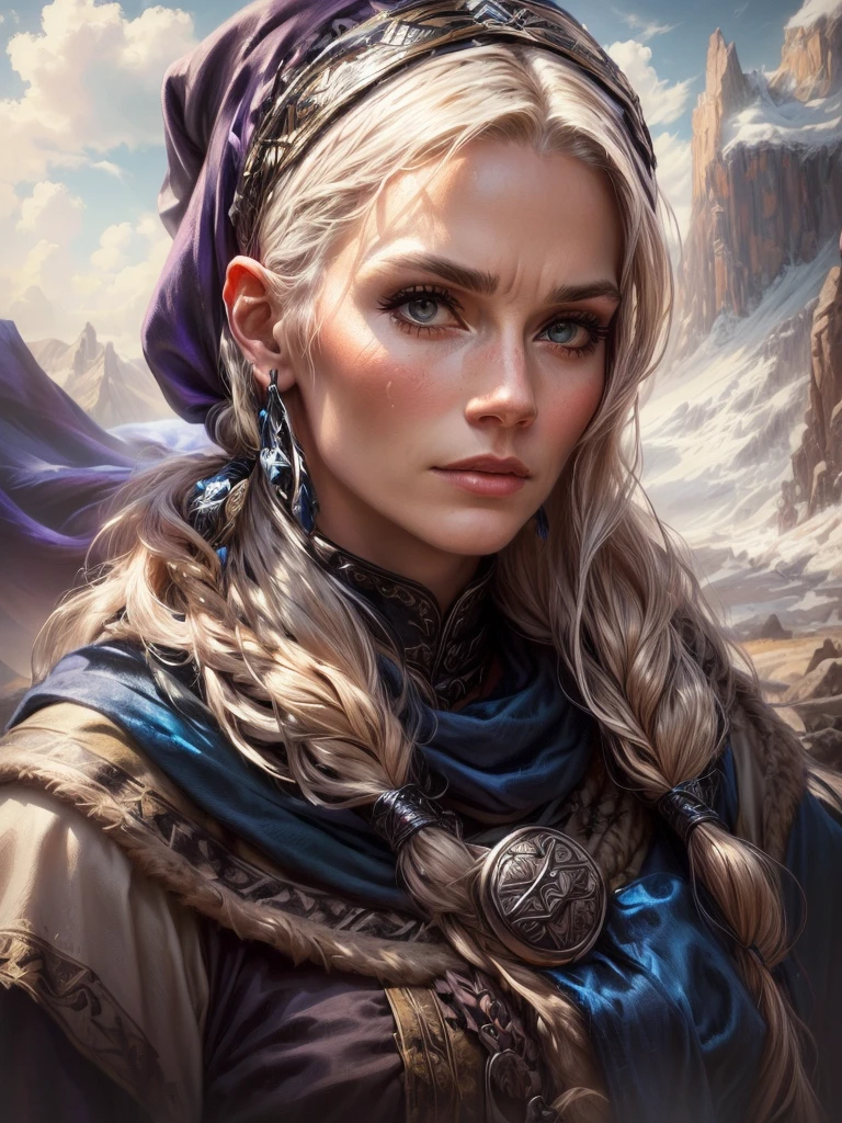 a portrait of a fierce 60 year Viking woman priestess, (head scarf),embodying bravery and resilience in a rugged landscape