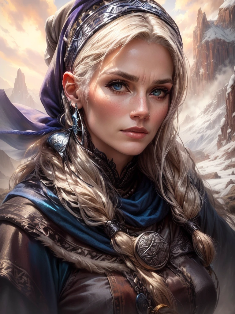 a portrait of a fierce 60 year Viking woman priestess, (head scarf),embodying bravery and resilience in a rugged landscape