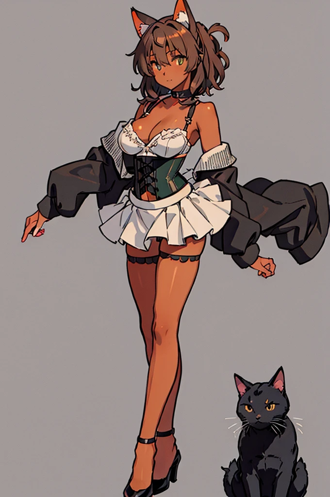 (masterpiece, best quality:1.2), full body, one girl, gray cat ears, green eyes, (dark skin), ((messy medium hair)), gray bra, black tight skirt, ((orange corset)), no background,