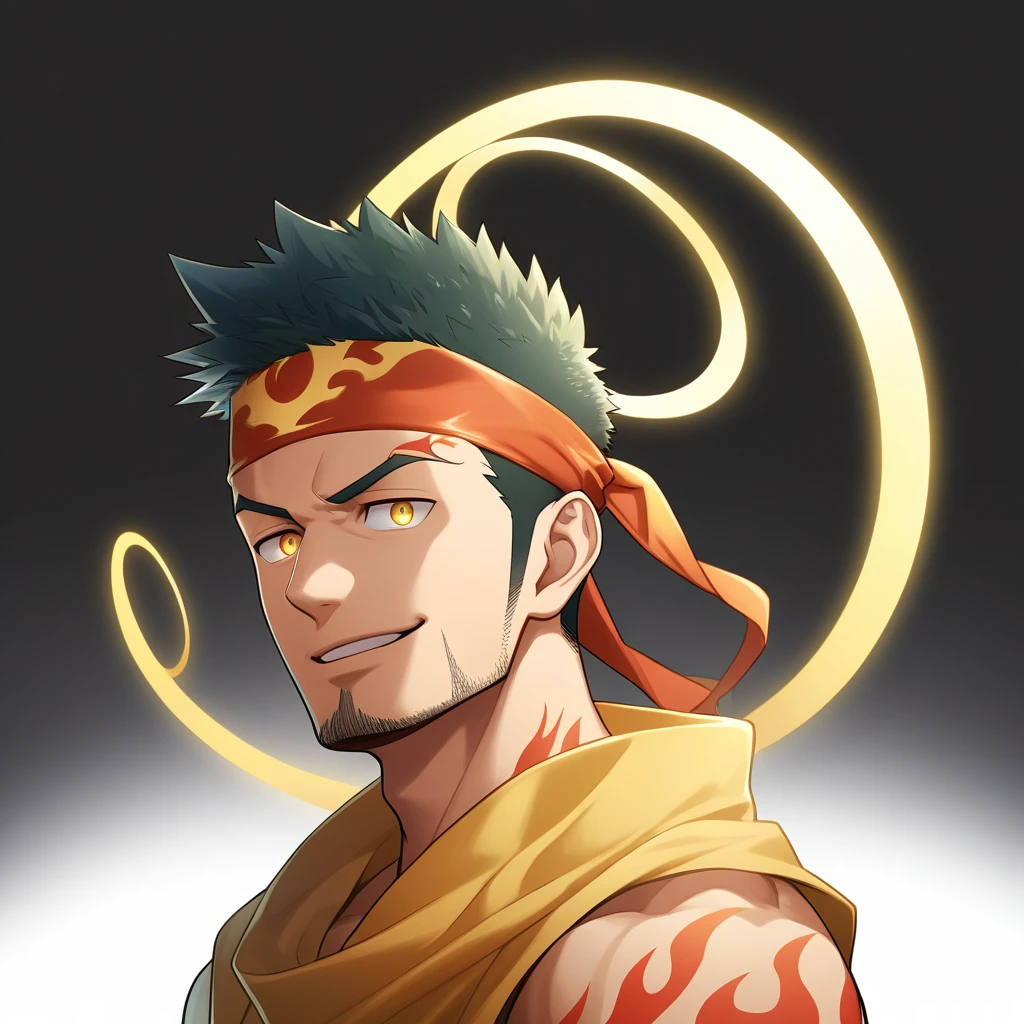 anime characters:Gyee, priapus, ung muscular man, male focus, Flame tattoo, sports Red headband, Dark Yellow spandex tight tank top, muscular male, muscular, only, Upper body, alone, Black short hair, Thick eyebrows, stubble, Yellow eyes, White background, simple background, amazing quality, best aesthetics, Ridiculous, bright pupils, crew cut, naughty face, torogao, parted lips, halo, god rays, best quality