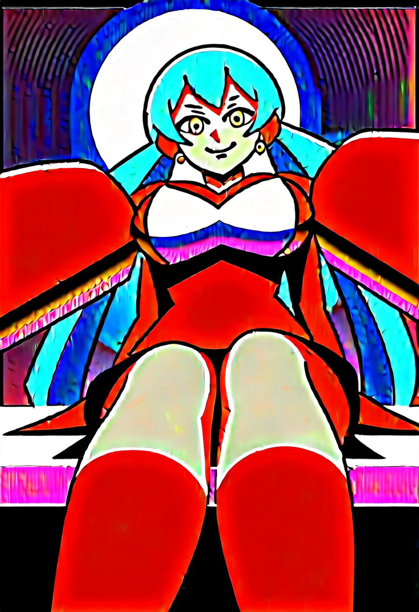 (masterpiece, Highest quality;1.3), Very detailed ,Super detailed, One girl,alone, Twin tails, Large Breasts, Wicked Smile, Gundam(Search results for RX78), sf, Mecha, , Blue Hair, alone, hair ornaments, Long Hair, Twin tails, Golden Eyes, jewelry, Earrings, View your viewers,Shinjuku City Background,night, There are lots of neon signs, Moon base, Detailed dress, Micro Mini Skirt, From below, Sitting,, Bust Shot,