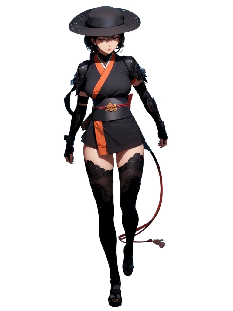 ((1girl, solo)), beautiful body, (perfect anatomy, perfect body, perfect hands, perfect legs), (five fingers:1.5), natural proportions, sexy body, (large breasts:1.5), cowboy shot BREAK
((extremely detailed face)), (beautiful detailed eyes:1.6), (realistic pupils, realistic iris:1), expressive eyes, looking at viewer, (clear eyes:1.3), (hyperrealistic:1.2), (detailed skin texture:1.2), smooth skin, (black hair:1.5), (red eyes:1.3), ((mature female)), (detailed lips:1.2), (attractive lips:1.1), (glossy lips:1.1), (parted lips), perfect face, perfect eyes BREAK
japanese clothes, (short kimono:1.5), puffy short sleeves, sash, black elbow gloves, fingerless gloves, (arm guard:1.5), thighs, black thighhighs, ass visible through thighs, jingasa BREAK
(masterpiece:1.5), anime-style, top quality, best quality, (beautiful and aesthetic:1.2), (ultra detail:1.5), Ultra-detailed depiction, Ultra-precise depiction, extremely detailed 8k illustration, high resolution, (highly detailed shading:1.2), (realistic lighting:1.4), perfect lighting, vibrant colors, dynamic tones, striking hues, 8k, absurd resolution, perfect shadows, hdr, UHD, ambient lighting, realistic, ultra-realistic, photo realistic, highly detailed, rich detail, luminous colors, fine texture, intricate design, professional illustration, (soft light:1.2), (illustration:0.7)