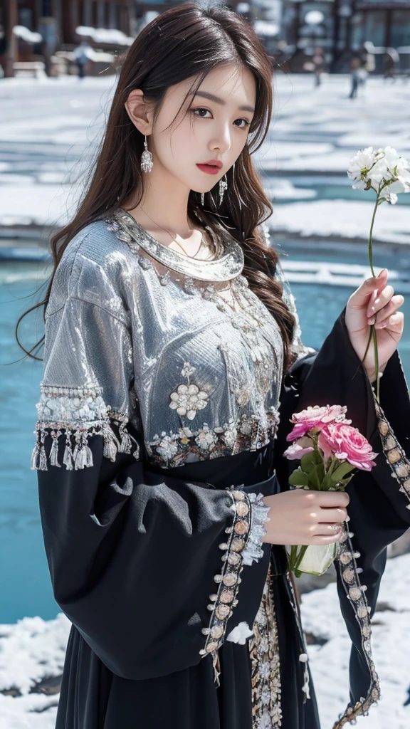 (8K,best quality,masterpiece:1.2),Ultra-high detail,Professional lighting,best quality,Ultra-high resolution,Visually stunning,Character Close-up,A woman holding flowers,Wearing wide sleeves,Her long hair was gently tied up,Revealing the slender neck,Together with the surrounding snow scenery, it creates a tranquil and mysterious atmosphere,Real human skin,(Perfect body 1.3)Super delicate face。