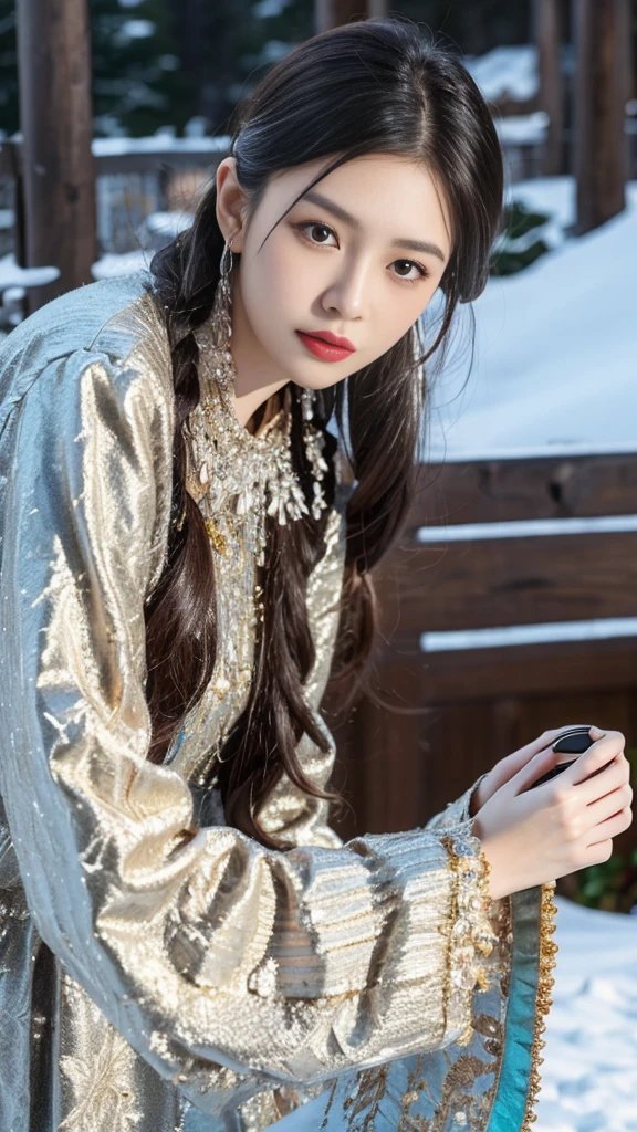 (8K,best quality,masterpiece:1.2),Ultra-high detail,Professional lighting,best quality,Ultra-high resolution,Visually stunning,Character Close-up,A woman holding flowers,Wearing wide sleeves,Her long hair was gently tied up,Revealing the slender neck,Together with the surrounding snow scenery, it creates a tranquil and mysterious atmosphere,Real human skin,(Perfect body 1.3)Super delicate face。