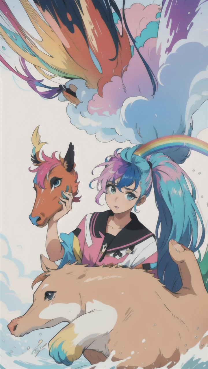 masterpiece, best quality, girl with rainbow hair, really wild hair, mane