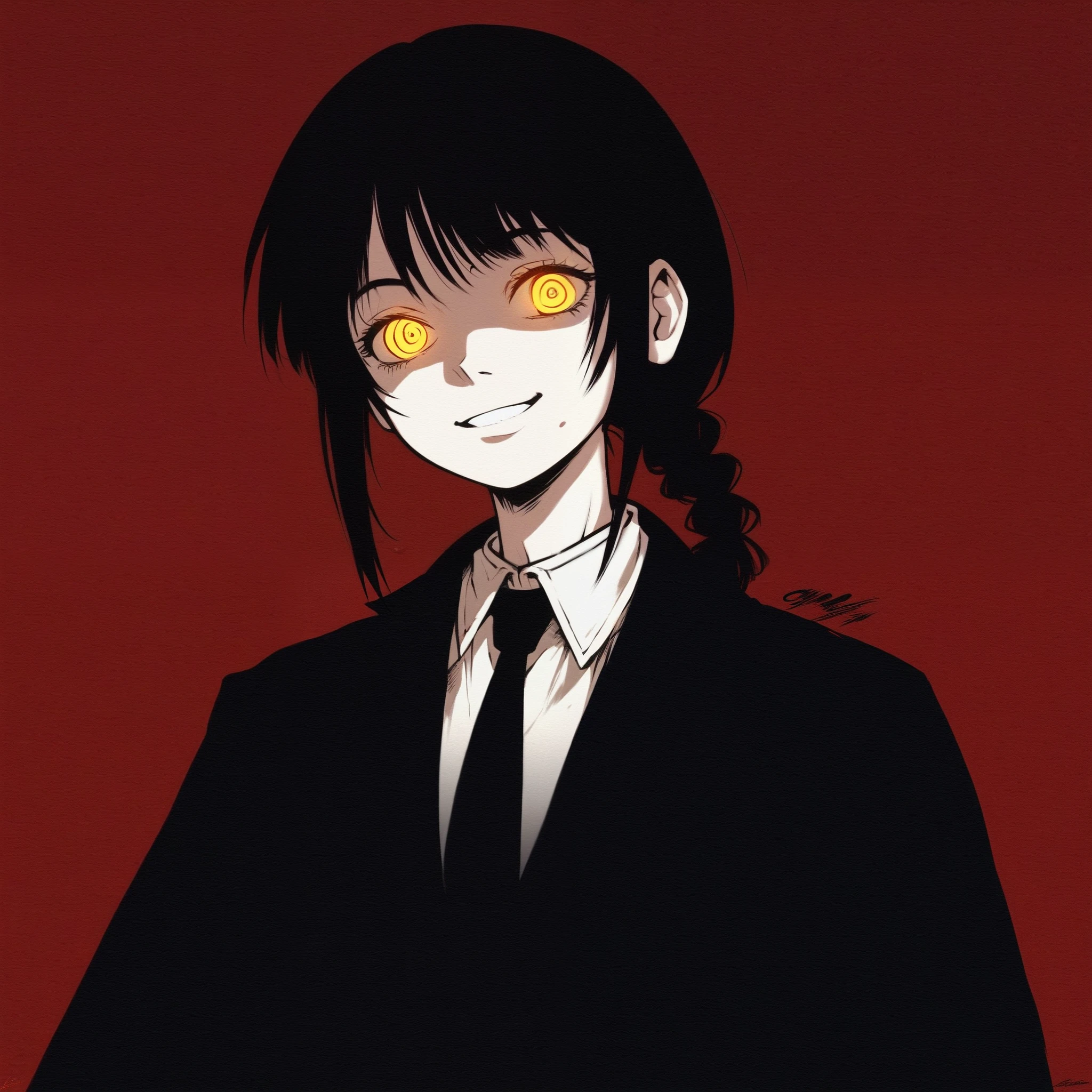 (score_9, score_8_up), score_7_up, score_6_up, score_5_up, score_4_up, Nayuta, 1girl, ringed eyes, black hair, yellow eyes, best quality, young, black coat, open coat, trench coat, white collar shirt, black necktie, black pants, black belt, red background, creepy, grain, blood on face, smile, medium hair, single braid, glowing eyes, dark theme, low light,