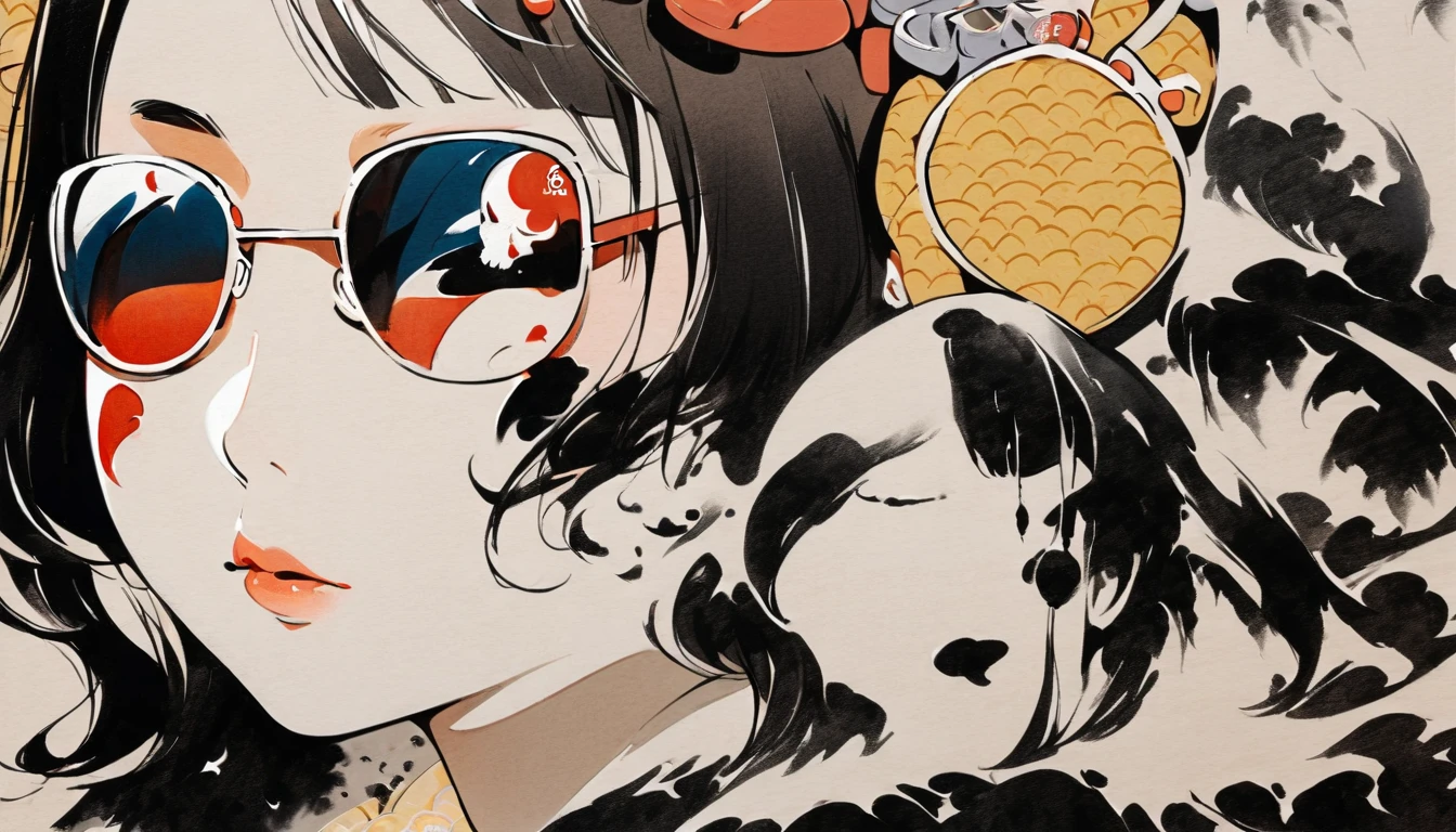 (((skull mask))), (((Katsushika Hokusai))), (((Ink Painting))), ((very straight longhair)), ((1 girl)), ((sunglasses)), ((beautiful girl)), Japanese style headphones, Black Hair, Delicate and precise, Modern ukiyo-e style, face close up
