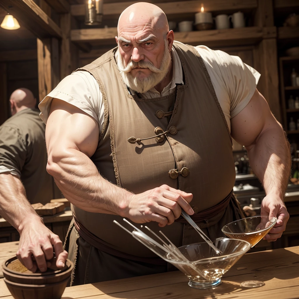 anime styling, medieval style, man old , bald man with a big, pointy blond mustache, sem beard, chubby body, eyes browns, hairy arm, medieval clothes, on a wooden counter, drying a glass with white cloth, in a dirty tavern