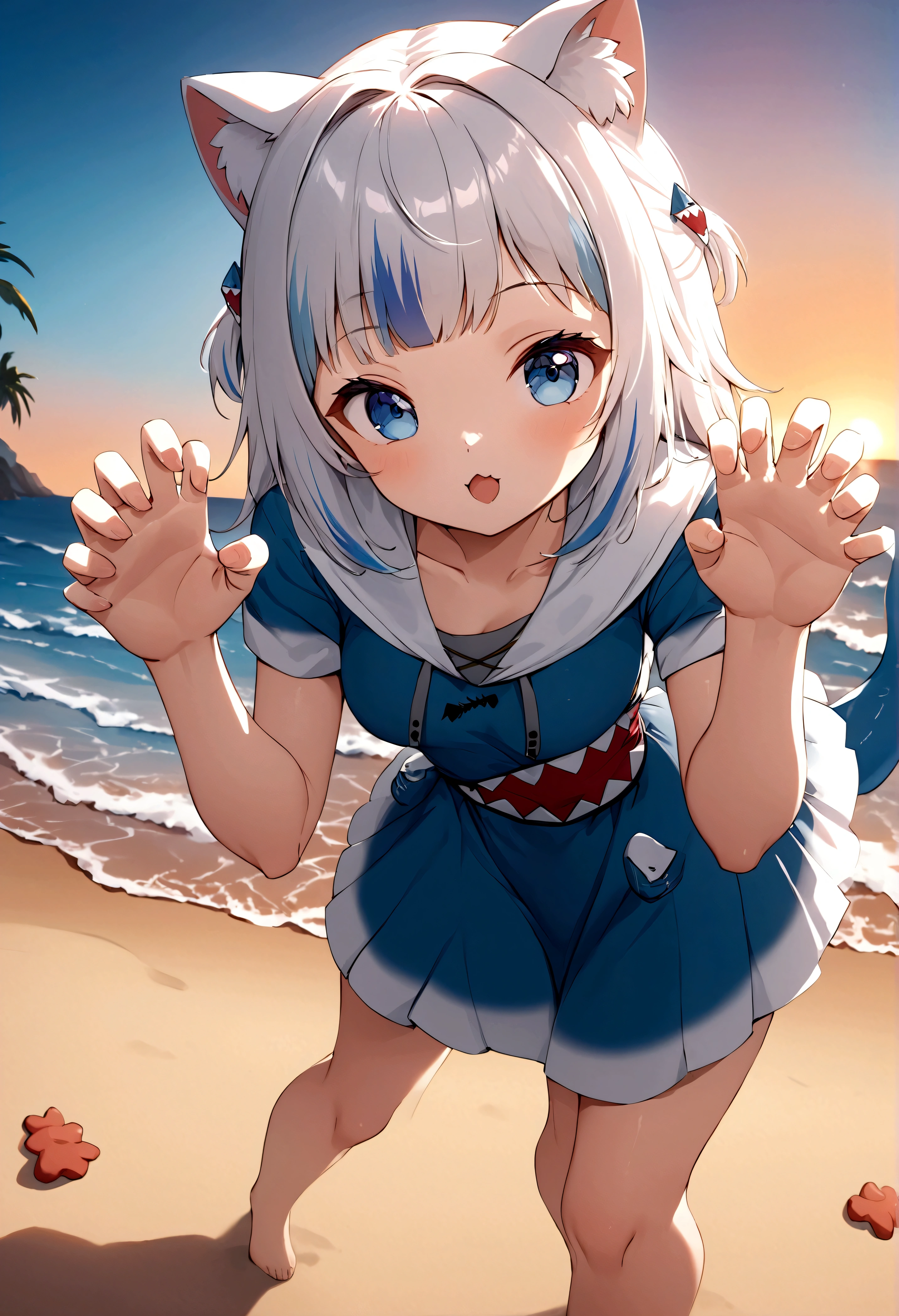 pinup girl pose, Expressiveh, masterpiece, highly detailed, anime style, close shot, dynamic pose, centered, 1girl, gawr gura, paw, cute pose, rawr, beach background, epic composition, epic proportion, 8K, volumetric lighting, sunset
