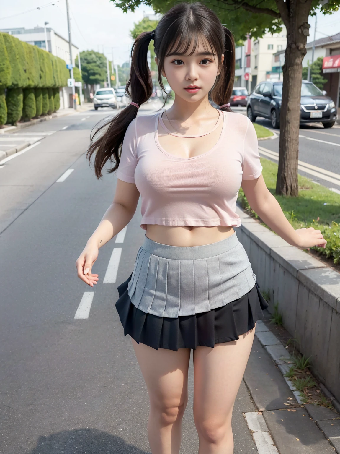 (Canon RF85mmf/1.2,masterpiece,Highest quality,Ultra-high resolution)((美しい太めのムチムチした太めの女性20-year-oldソロ)) ((Highest quality、8K、masterpiece))((Photogenic quality:1.5))A plump, chubby, super busty body、((Plump round face))Highly detailed CG Unity 8k wallpaper, Highest quality, Super detailed, masterpiece, Realistic, photo Realistic, Highly detailed cute girl, 20-year-old, (Skirt flip), ((A full-body shot of her miniskirt flipped up by a strong wind, revealing her cute panties:1.5))Panty Focus, A panicked and red face, View your viewers , Show off your plump thighs、 Cute T-Shirts , On an empty city street、Short Hair、Bright summer sunshine
