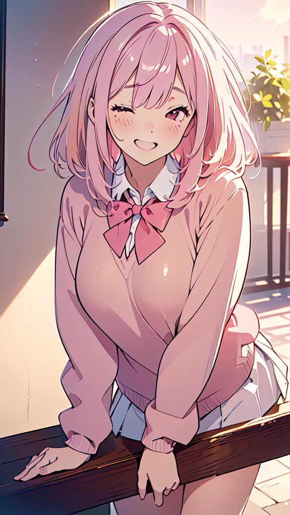 8k,(High quality:1.4),(best quality:1.4),(masterpiece:1.4),(huge breasts:1),(beautiful face:1.3),(beautiful woman:1.3),(pale pink hair:1.4),medium hair,a mole around the mouth,(enjoy:1.6),(laugh:1.2),(burst into laughter:1.4), (squinting:1.2)(school uniform:1.1),(beige sweater:1.2),(close-up:1.2),a red bow tie,(leaning forward:1.2)