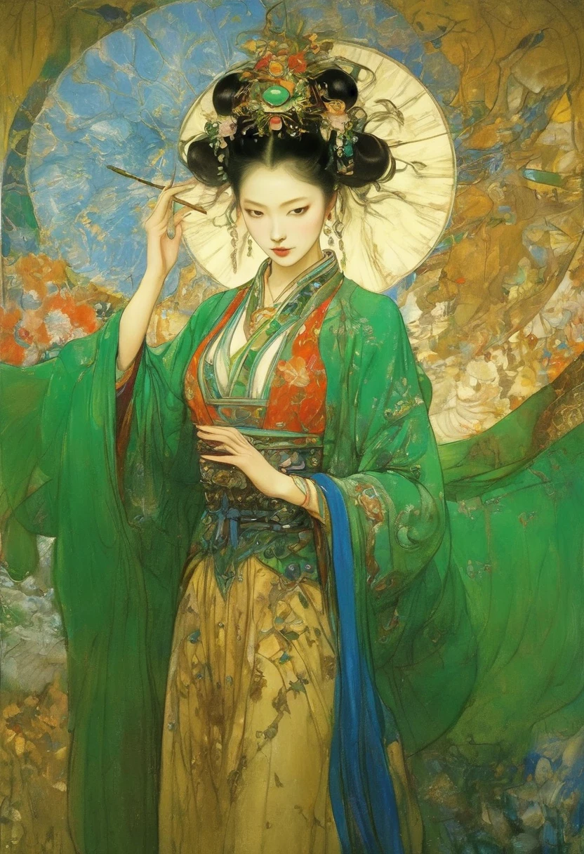 (masterpiece, best quality:1.2), Elegant girl, Striking pose, Exquisite detail features, Sharp eyes, Hooked nose, Sexy lips, Gorgeous clothing, Symmetrical composition, light, Dramatic chiaroscuro, Rich color palette, High contrast, The art of math, Reality,Xianxia,Anatomically correct:2,green,blue