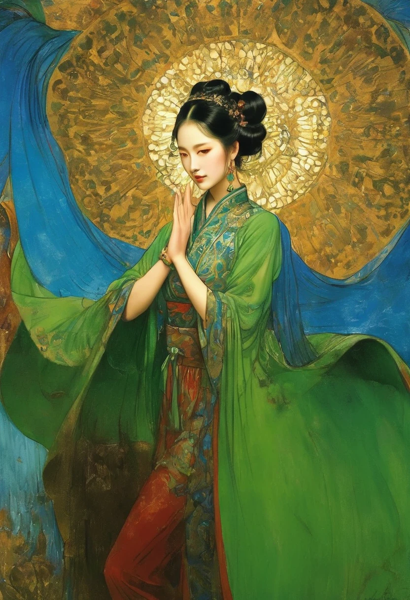 (masterpiece, best quality:1.2), Elegant girl, Striking pose, Exquisite detail features, Sharp eyes, Hooked nose, Sexy lips, Gorgeous clothing, Symmetrical composition, light, Dramatic chiaroscuro, Rich color palette, High contrast, The art of math, Reality，Xianxia，Anatomically correct:2，green，blue