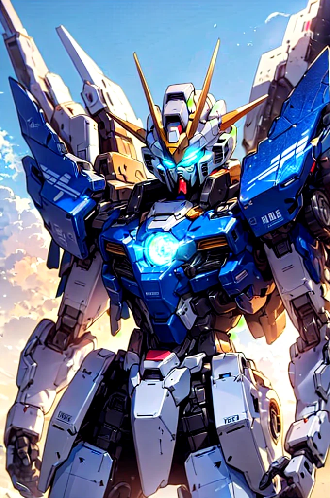 Gundam,mecha,robot,no humans,glowing,solo,science fiction,glowing eyes,, Best Quality,Masterpiece,Edge quality,gorgeous and intricate detail,Perspective Silhouette,((8k, Best Quality, Masterpiece, Extremely Detailed, Rule of Thirds)),((crazy imagery)),photorealistic,masterpiece,superb,HDR,high resolution,sharp focus,photorealistic rendering,extremely detailed description,professional,intricate details, blue color,