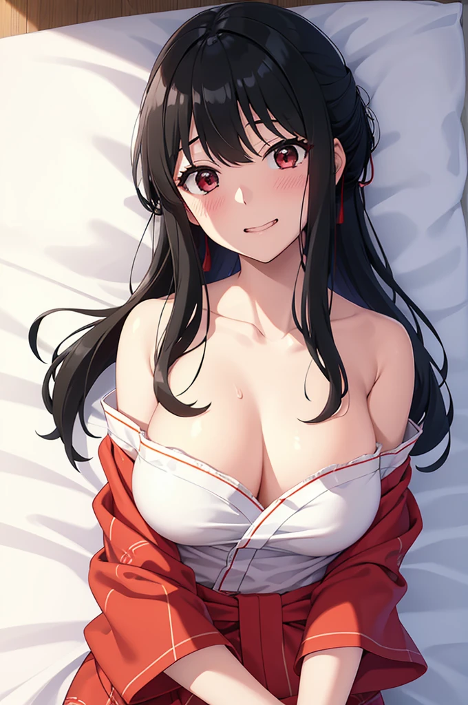 Highest quality、Best image quality、Ultra-high resolution、Ultra-high resolutionで描画、Red yukata、Lie face up on the futon、Disheveled yukata、Unraveled Strip、Sweat、The clavicle is visible、Big Breasts、、Bright red yukata、White underwear、Beautiful black hair、Red eyes、Long Hair、looking at the camera、Eye highlights、smile、Sweatだく、Biting the lower lip、Forceful expression