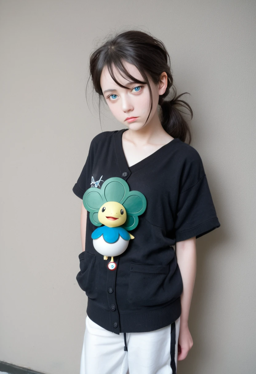 1 Girl, Solitary, masterpiece, the best_quality, photo shoot, Looking at the camera, adult, Tired expression, Pokémon, Pokémon (game), game freak, Nintendo, (Porcelain skin), blue eyes, (Black Hair), (Messy Ponytail), Black cardigan, loose-fitting T-shirt, Black sweatpants, gen 3 Pokémon, Pokémon (biology), White skin, Specific Background, tilt