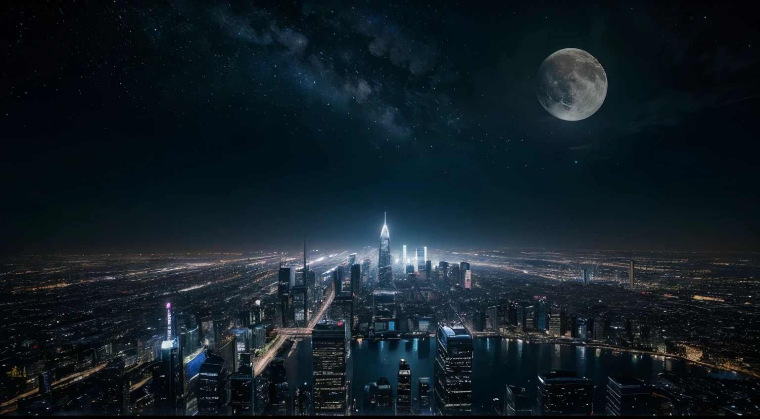 landscape, realistic, futuristic city, beautiful, night view, rendering style, starry sky,moon, depth of field, photography, movie, high resolution