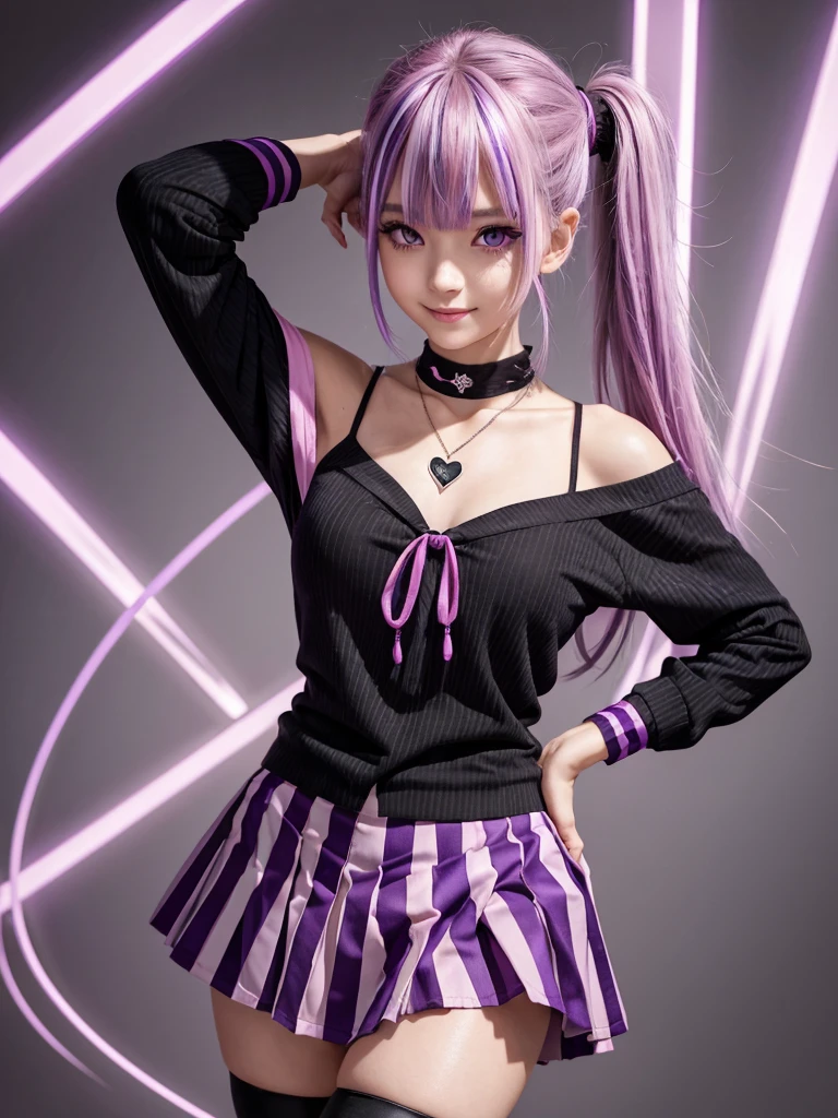 (best quality), 1girl, Female, white skin, asian, purple hair, pink streaked hair, side ponytail, hime bangs, purple eyes, perfect eyes, makeup, black mascara, heart necklace, halterneck, pleated skirt, striped_legwear, smile, slender, small bust, masterpiece, anatomically correct, highres