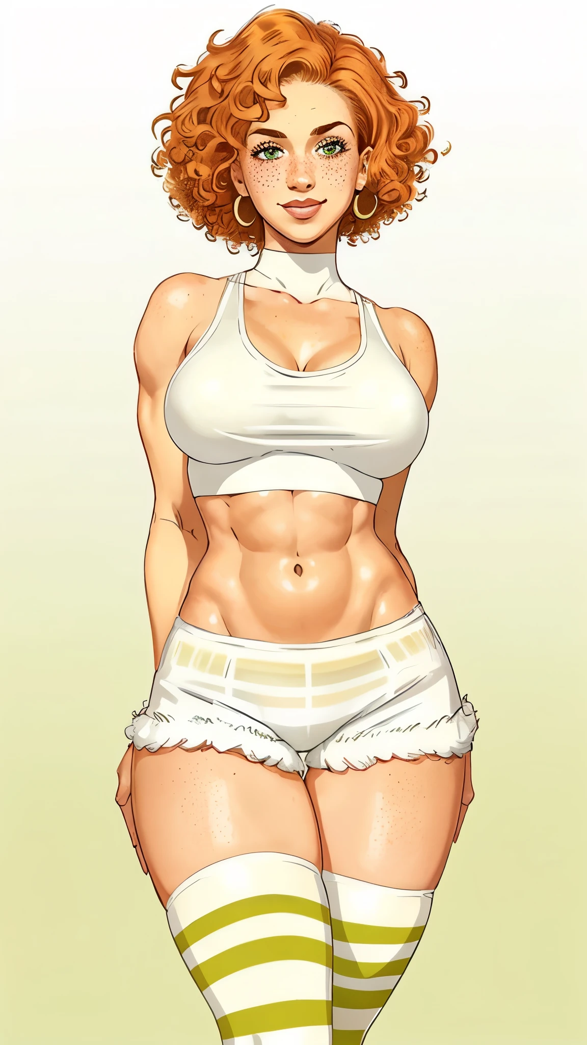 Lacy Lemon, pretty woman, curly ginger hair, midriff, white cloth hotpants,tank top, short shorts, freckles, large breasts, rubenesque, thigh high striped socks, far shot, covered nipples, green eyes, white background, blank background
