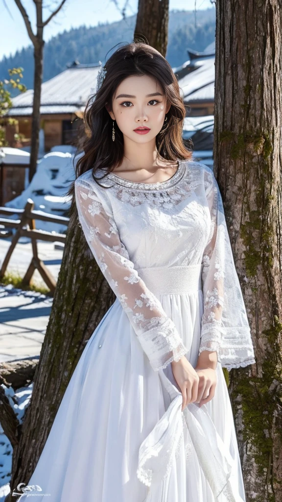 （8K，best quality，masterpiece：1.2），Ultra-high detail，Professional lighting，best quality，Ultra-high resolution，Visually stunning，Character Close-up，A woman standing next to a dead tree，Her long hair fluttered slightly in the wind，The white dress she wore spread out on the snow，Like a beautiful painting，Real human skin，（Perfect body 1.3）Super delicate face。