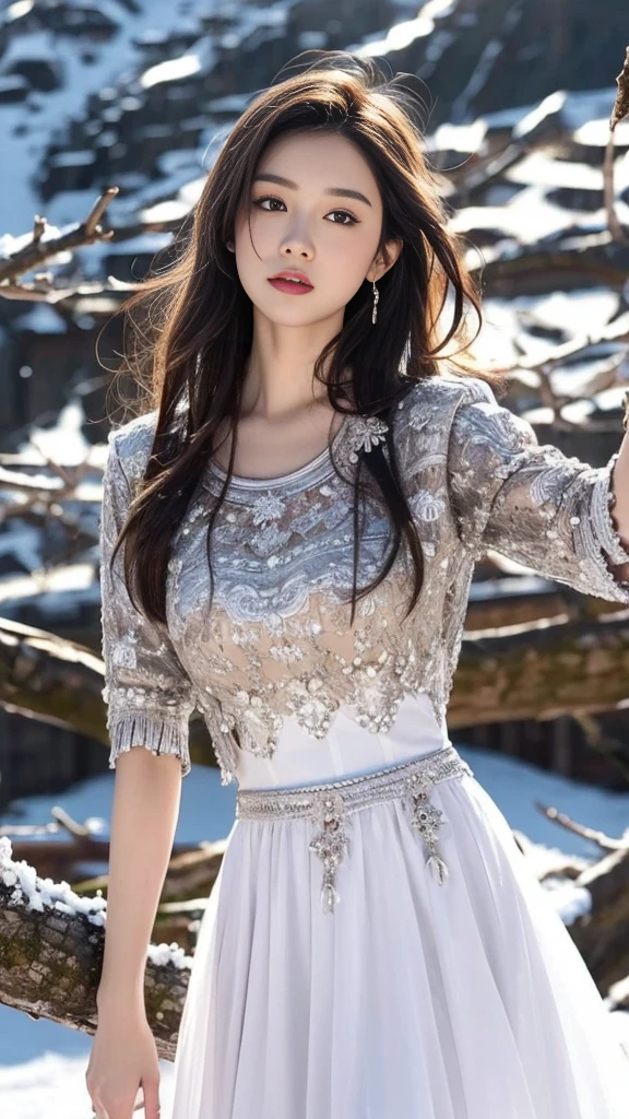 (8K,best quality,masterpiece:1.2),Ultra-high detail,Professional lighting,best quality,Ultra-high resolution,Visually stunning,Character Close-up,A woman standing next to a dead tree,Her long hair fluttered slightly in the wind,The white dress she wore spread out on the snow,Like a beautiful painting,Real human skin,(Perfect body 1.3)Super delicate face。