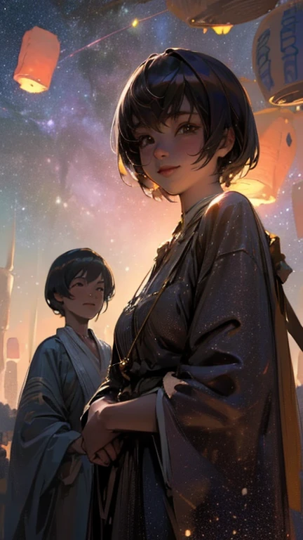 nsfw, Masterpiece, top quality, highly detailed, (Photorealistic style:1.4), Chiaroscuro style, backlighting,
2 girls, A lesbian couple make out in yukata, Hug from behind,
looking at the camera with a smile,
A close-up of their beautiful eyes,
(Lots of fireworks all over the sky,
Many Lanterns floating in the sky,
big shining milky way:1.4),