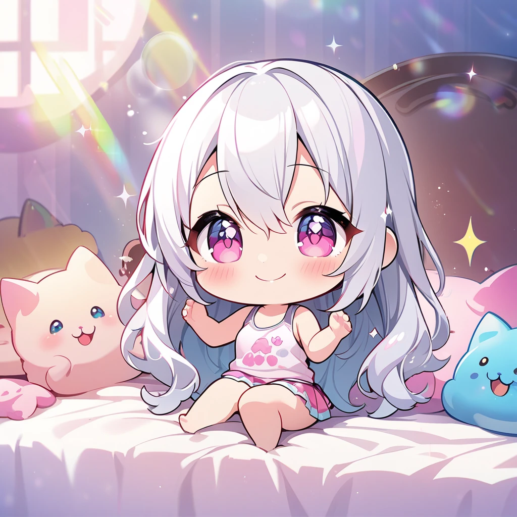 masterpiece, best quality, 4k、2D Illustration、one beautiful girl、solo、(((chibi style)))、((vivid colors))、cute chibi、lovely chibi、long beautiful hair, glossy silver hair, hair between eyes, cute、beautifully detailed eyes、((tank top))、((miniskirt))、(colorful))、((happy smile))、sitting on bed、((full body shot))、((kitten))、((lots of pink stuff around.))、((bed))、sparkle、((lens flare))、